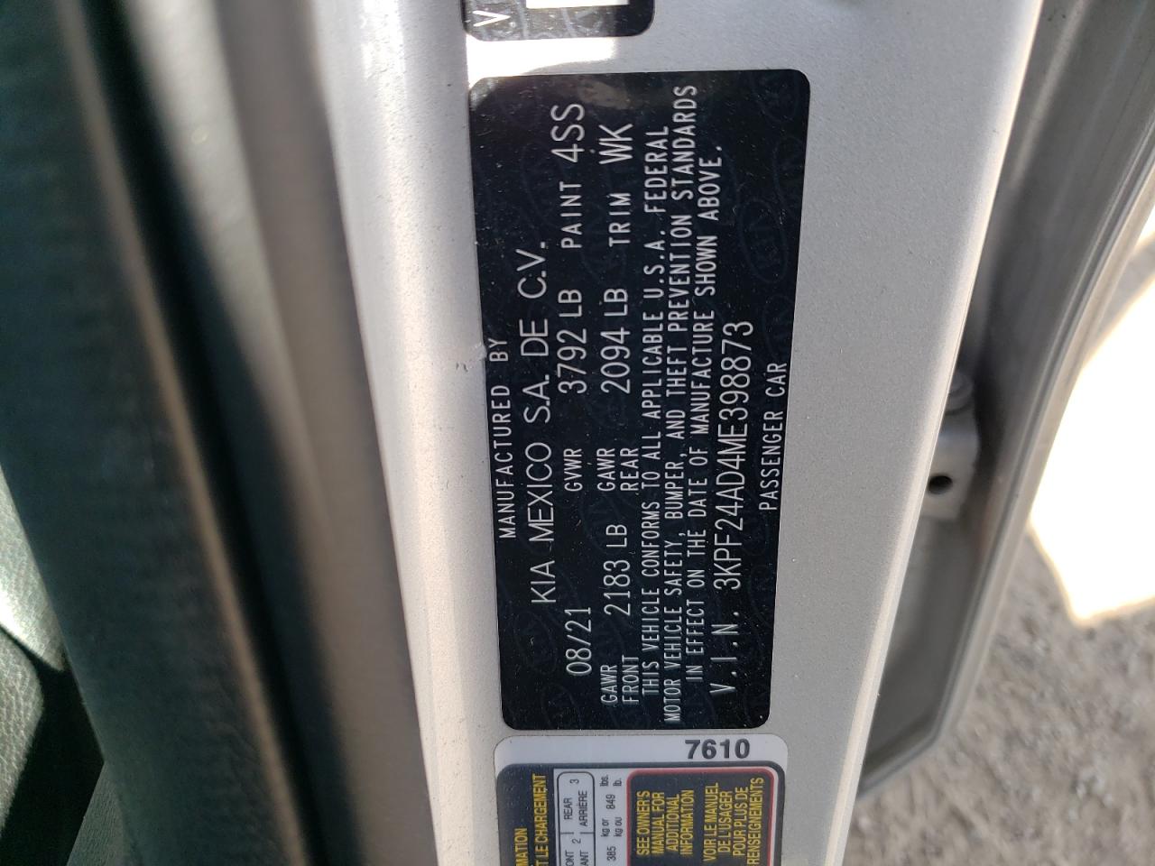 2021 Kia Forte Fe VIN: 3KPF24AD4ME398873 Lot: 87077065