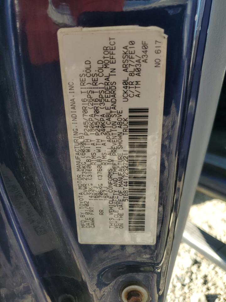 2002 Toyota Tundra Access Cab VIN: 5TBBT44172S272211 Lot: 82244315