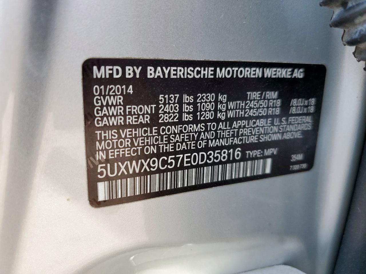 2014 BMW X3 xDrive28I VIN: 5UXWX9C57E0D35816 Lot: 84899945