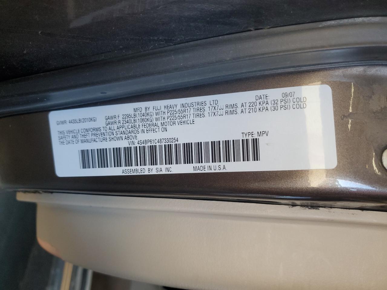 2008 Subaru Outback 2.5I VIN: 4S4BP61C487330254 Lot: 86477885