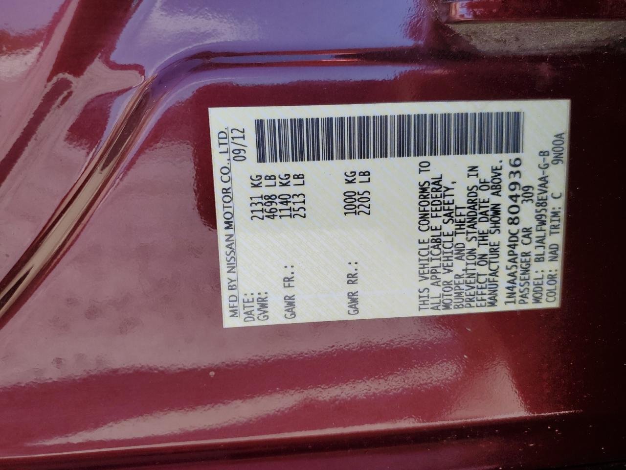 2013 Nissan Maxima S VIN: 1N4AA5AP4DC804936 Lot: 81827015