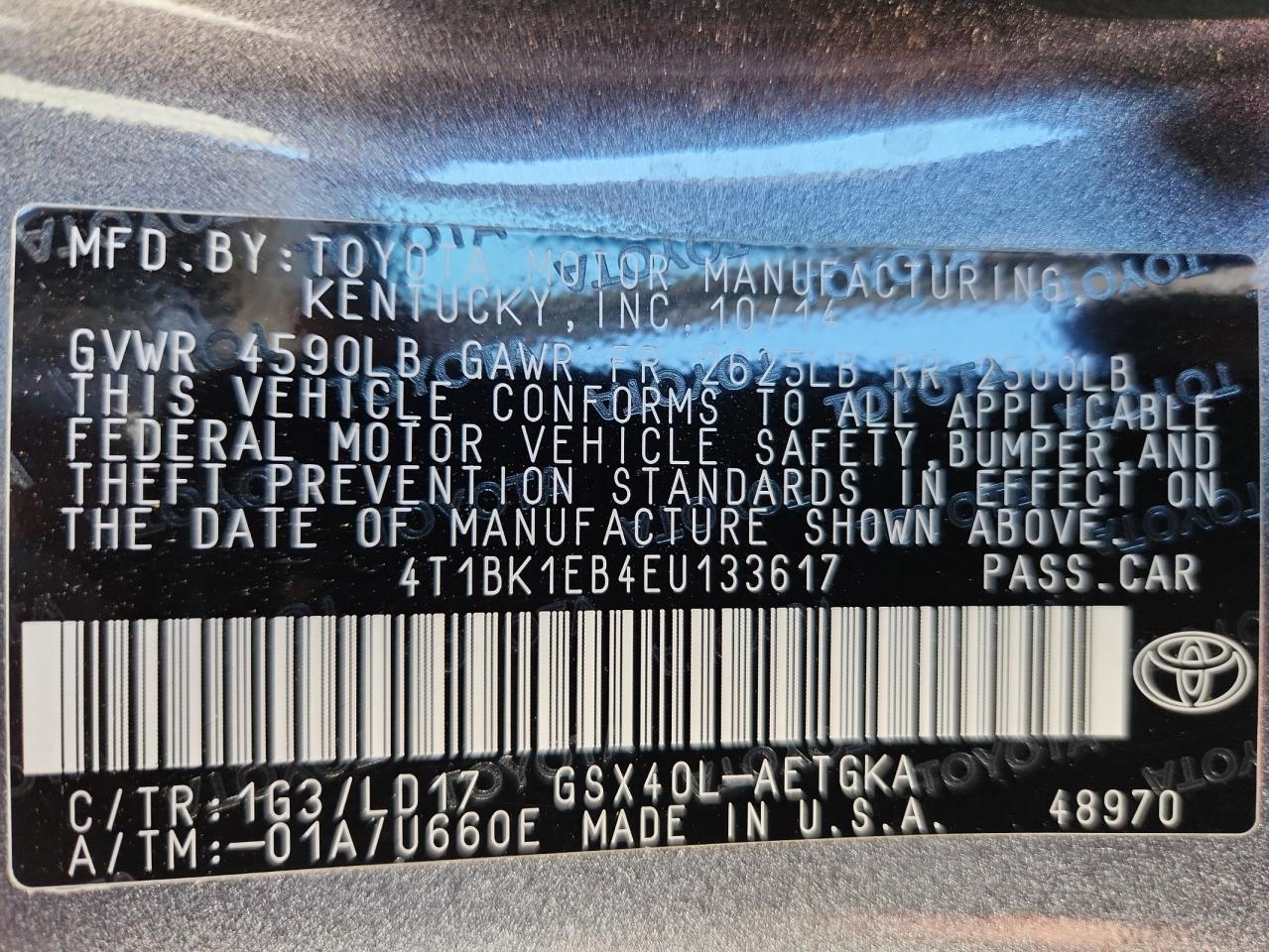 2014 Toyota Avalon Base VIN: 4T1BK1EB4EU133617 Lot: 85417175