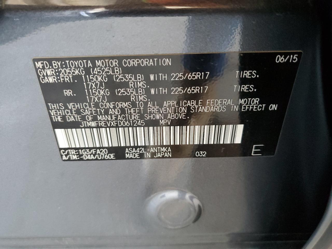 2015 Toyota Rav4 Xle VIN: JTMWFREVXFD061245 Lot: 85941005