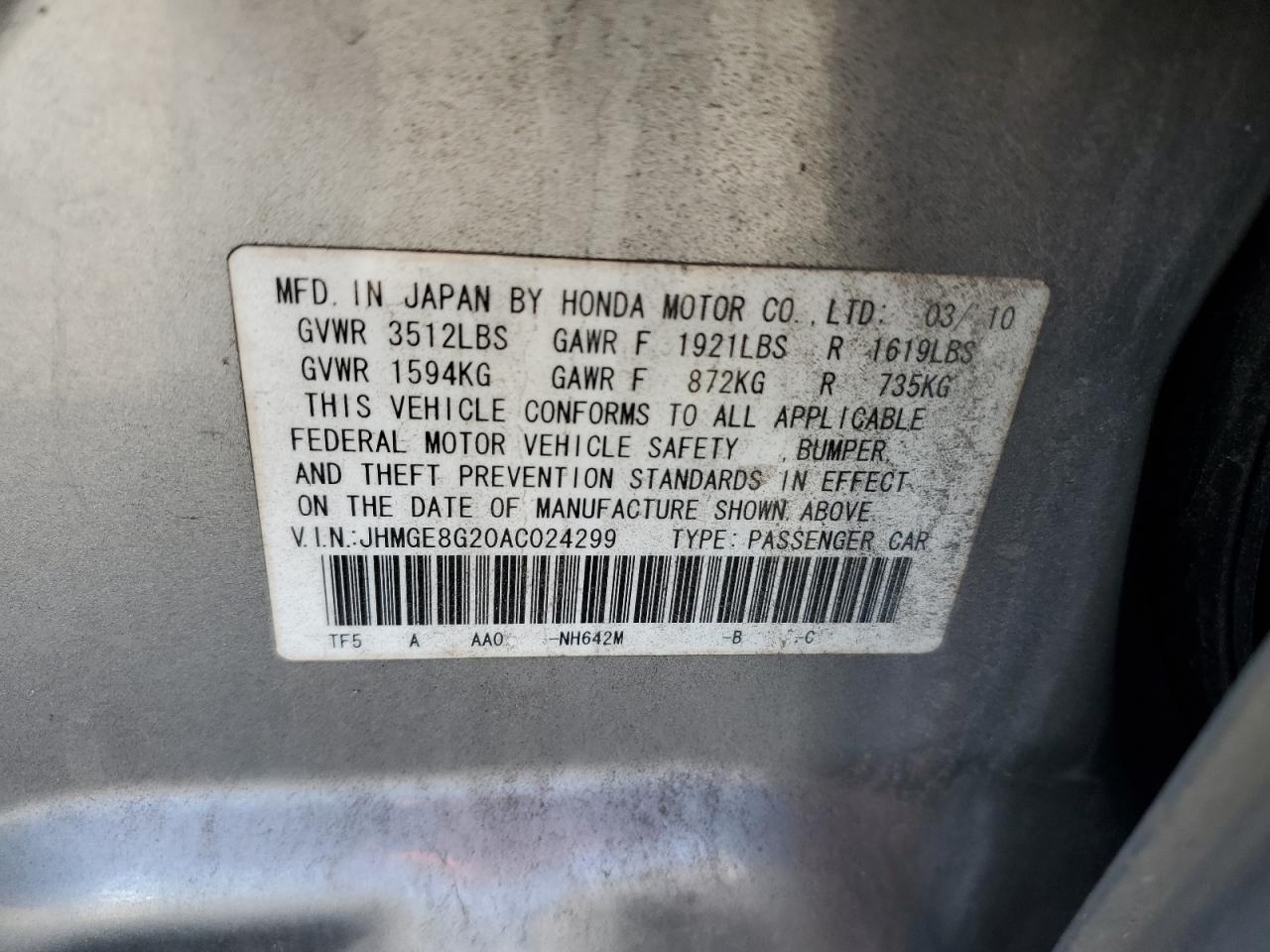 2010 Honda Fit VIN: JHMGE8G20AC024299 Lot: 82595895