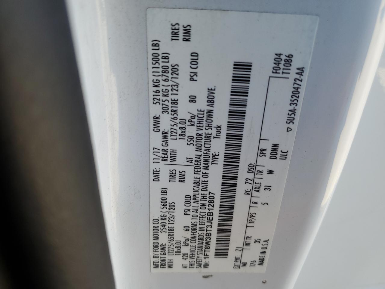2018 Ford F350 Super Duty VIN: 1FT8W3BT3JEB12807 Lot: 85865035