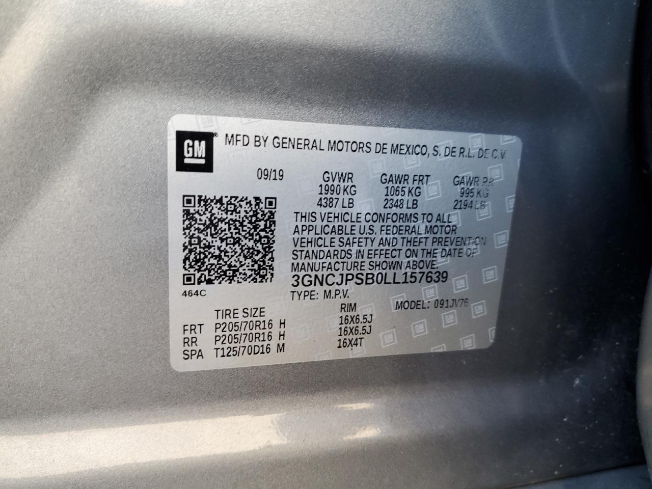 2020 Chevrolet Trax 1Lt VIN: 3GNCJPSB0LL157639 Lot: 82202505