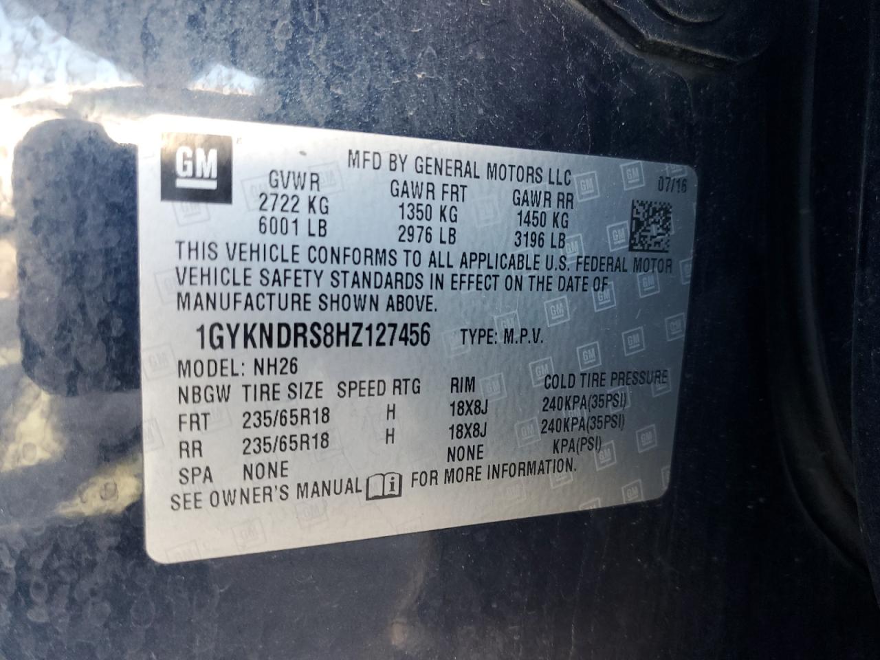 2017 Cadillac Xt5 Luxury VIN: 1GYKNDRS8HZ127456 Lot: 89872605