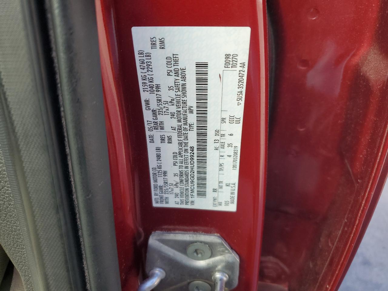 2017 Ford Escape Se VIN: 1FMCU9GD2HUD99248 Lot: 87094185