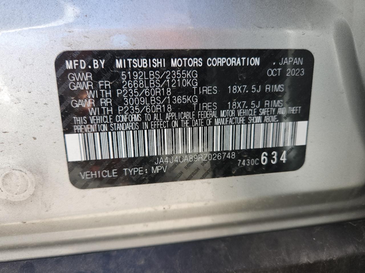 2024 Mitsubishi Outlander VIN: JA4J4UA89RZ026748 Lot: 82563925