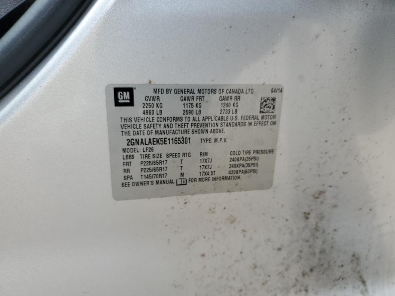 2014 Chevrolet Equinox Ls VIN: 2GNALAEK5E1165301 Lot: 84932565