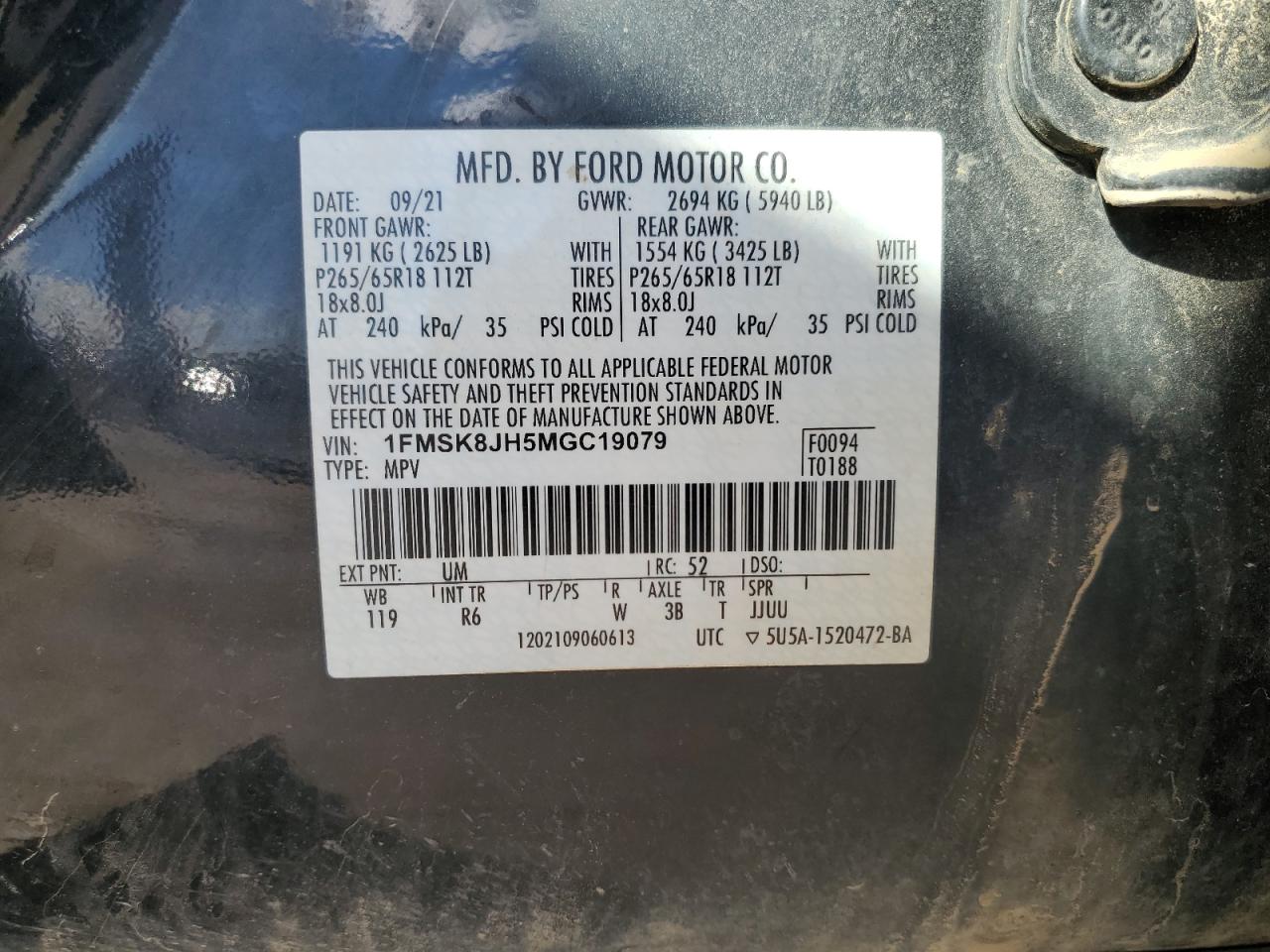 2021 Ford Explorer Timberline VIN: 1FMSK8JH5MGC19079 Lot: 85107835