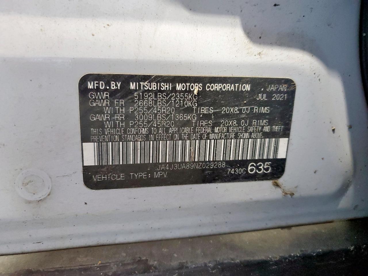 2022 Mitsubishi Outlander Se VIN: JA4J3UA89NZ029288 Lot: 86177885