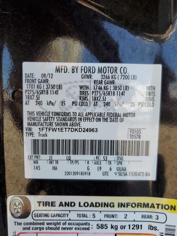 2013 Ford F150 Supercrew VIN: 1FTFW1ET7DKD24963 Lot: 89467605