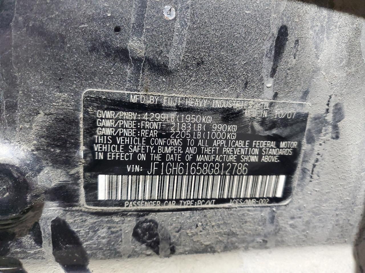 2008 Subaru Impreza 2.5I VIN: JF1GH61658G812786 Lot: 85908665