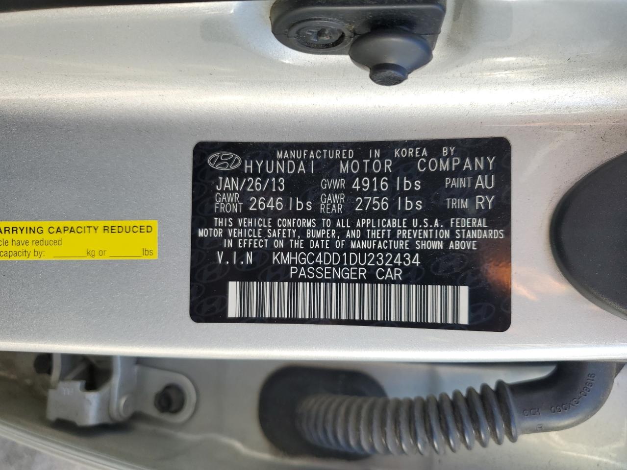 2013 Hyundai Genesis 3.8L VIN: KMHGC4DD1DU232434 Lot: 85538255