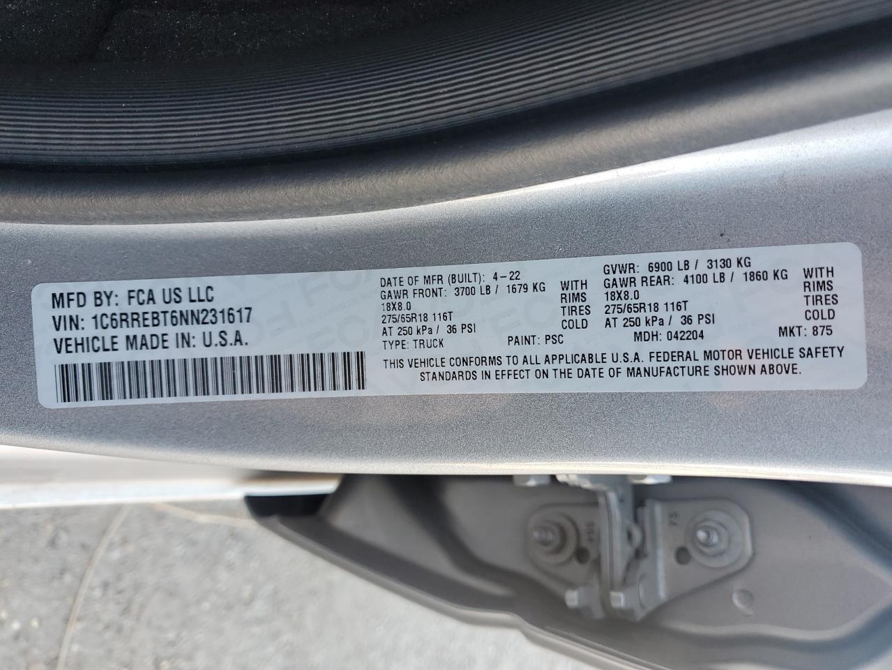 2022 Ram 1500 Big Horn/Lone Star VIN: 1C6RREBT6NN231617 Lot: 86125145