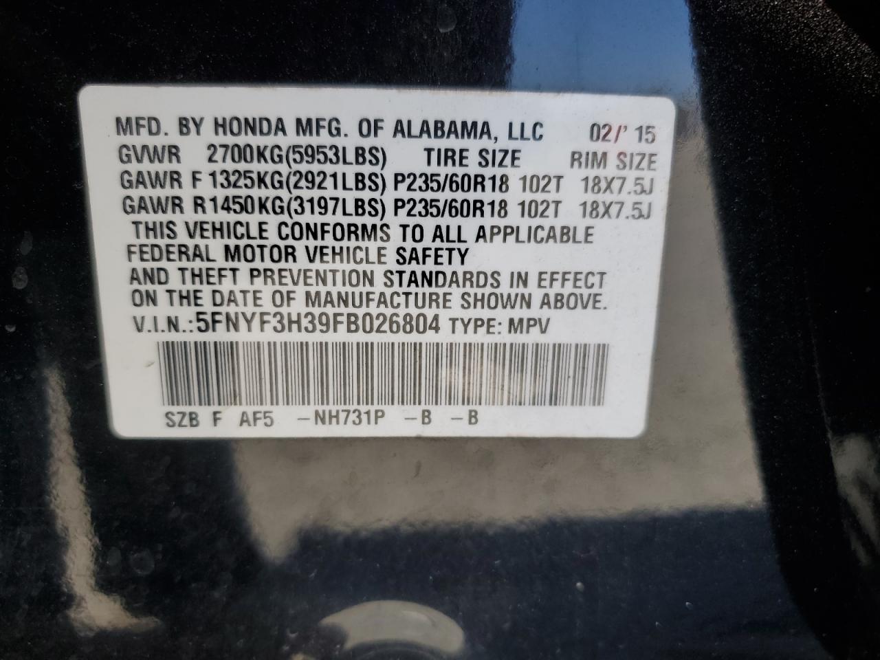 2015 Honda Pilot Se VIN: 5FNYF3H39FB026804 Lot: 86547775