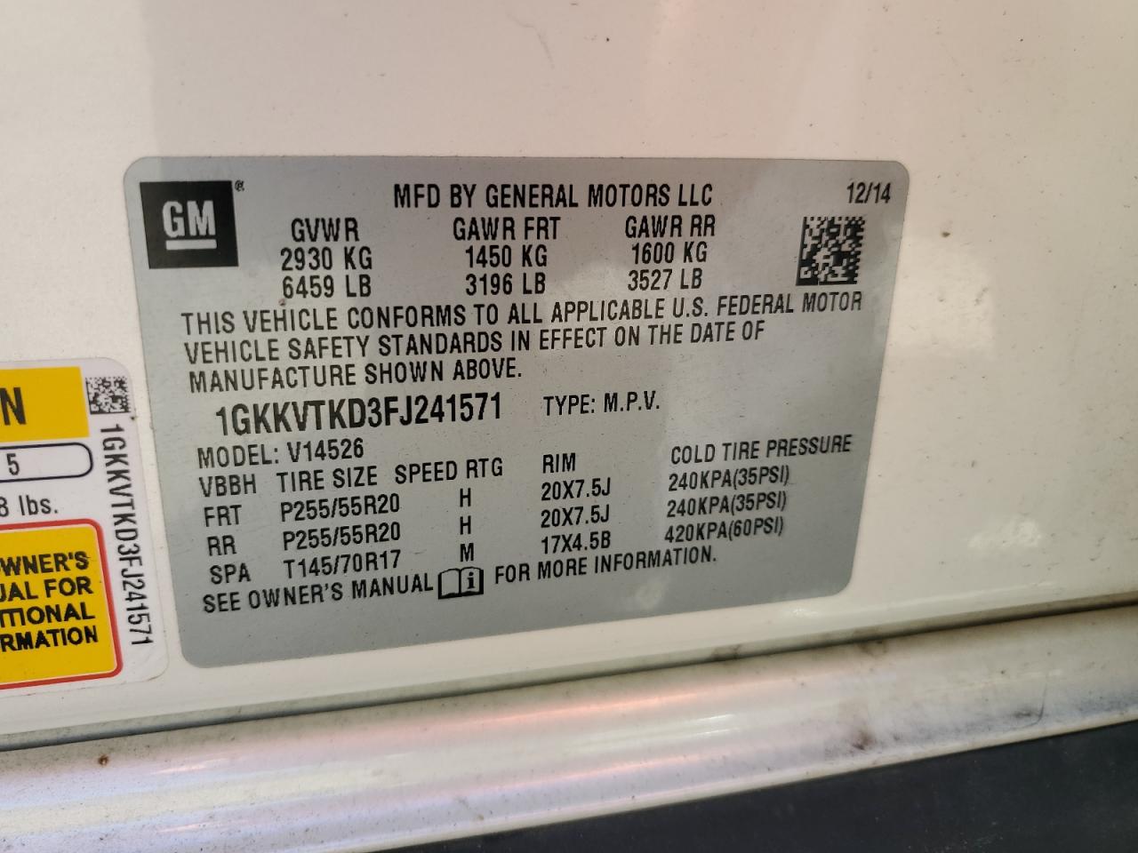 2015 GMC Acadia Denali VIN: 1GKKVTKD3FJ241571 Lot: 85125155