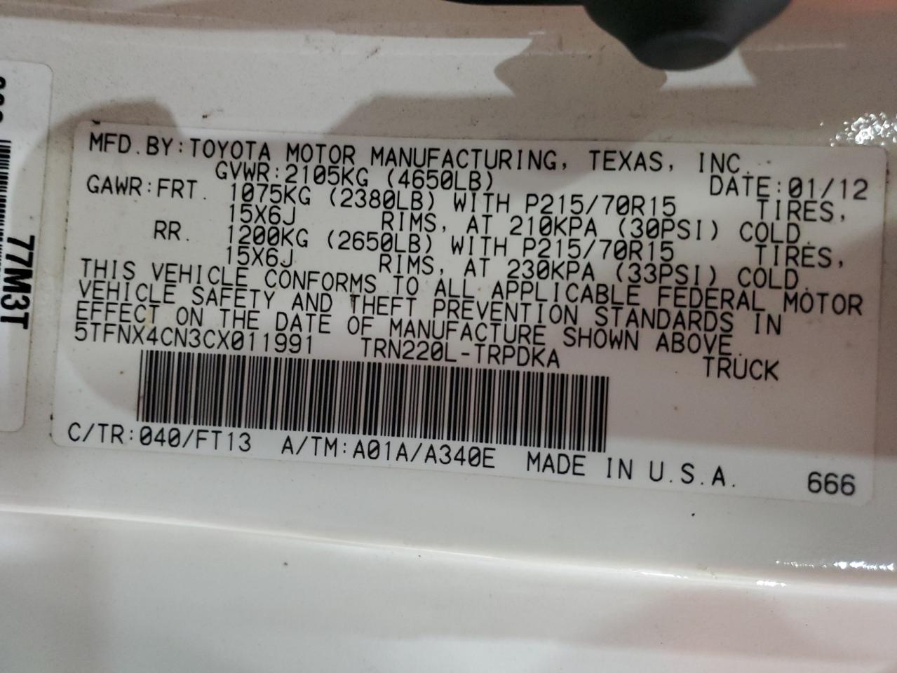 2012 Toyota Tacoma VIN: 5TFNX4CN3CX011991 Lot: 86886515
