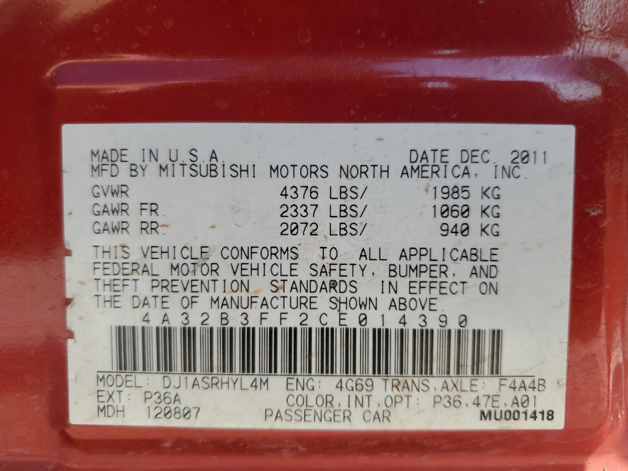 2012 Mitsubishi Galant Es VIN: 4A32B3FF2CE014390 Lot: 86180045