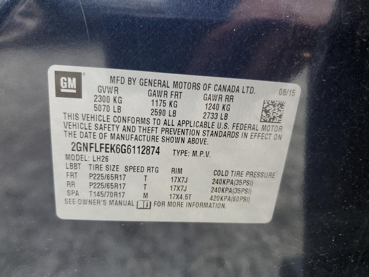 2016 Chevrolet Equinox Lt VIN: 2GNFLFEK6G6112874 Lot: 89696065