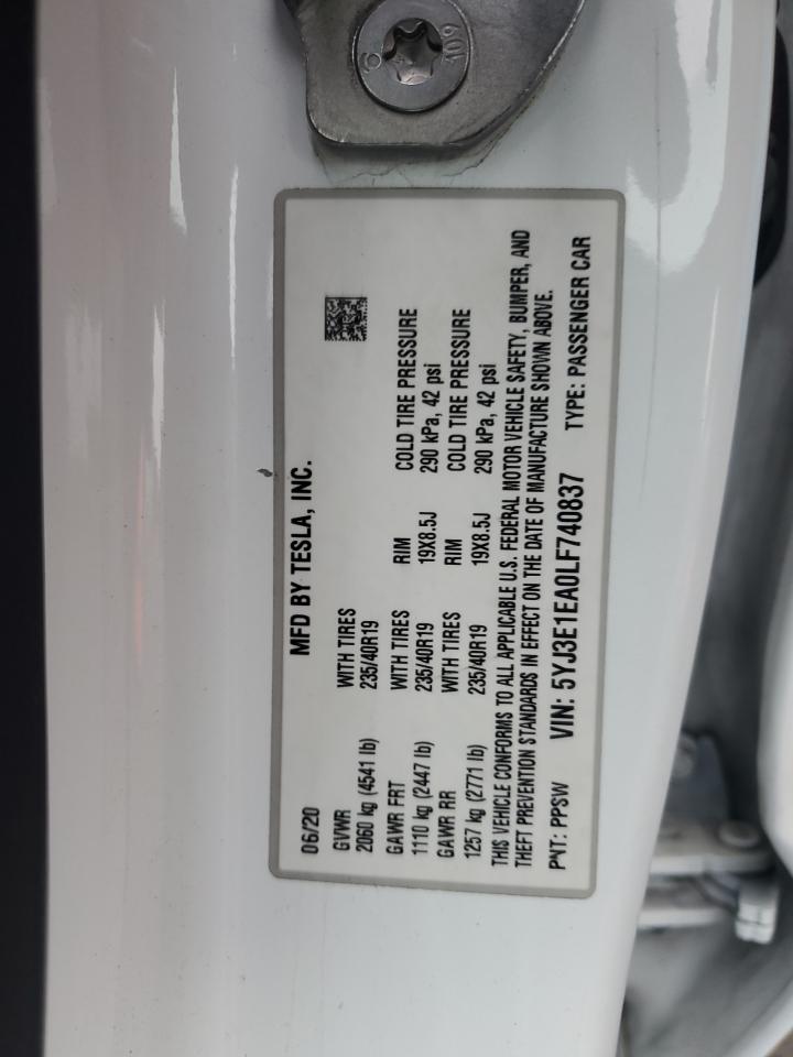 2020 Tesla Model 3 VIN: 5YJ3E1EA0LF740837 Lot: 87121765