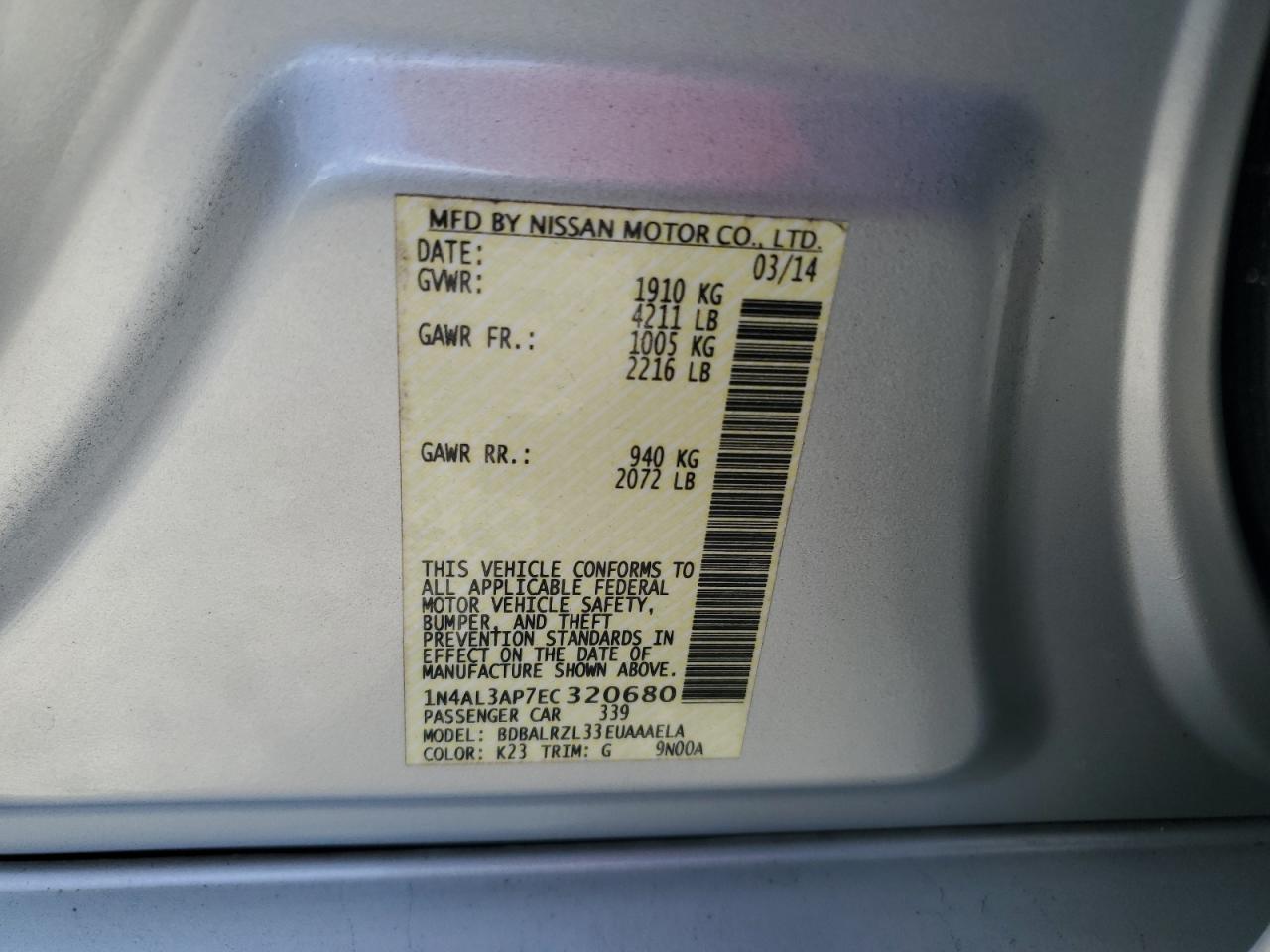 2014 Nissan Altima 2.5 VIN: 1N4AL3AP7EC320680 Lot: 85272365