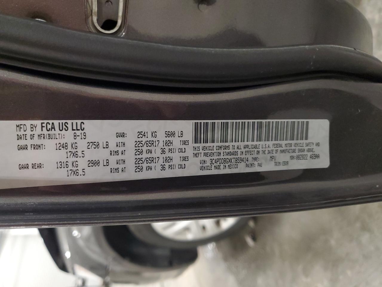 2019 Dodge Journey Se VIN: 3C4PDDBGXKT859414 Lot: 82605915