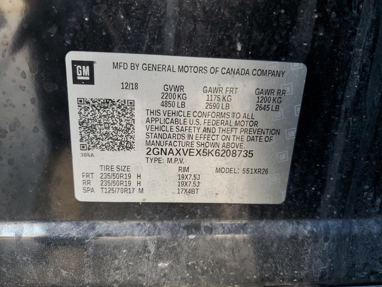 2019 Chevrolet Equinox Lt VIN: 2GNAXVEX5K6208735 Lot: 81958705