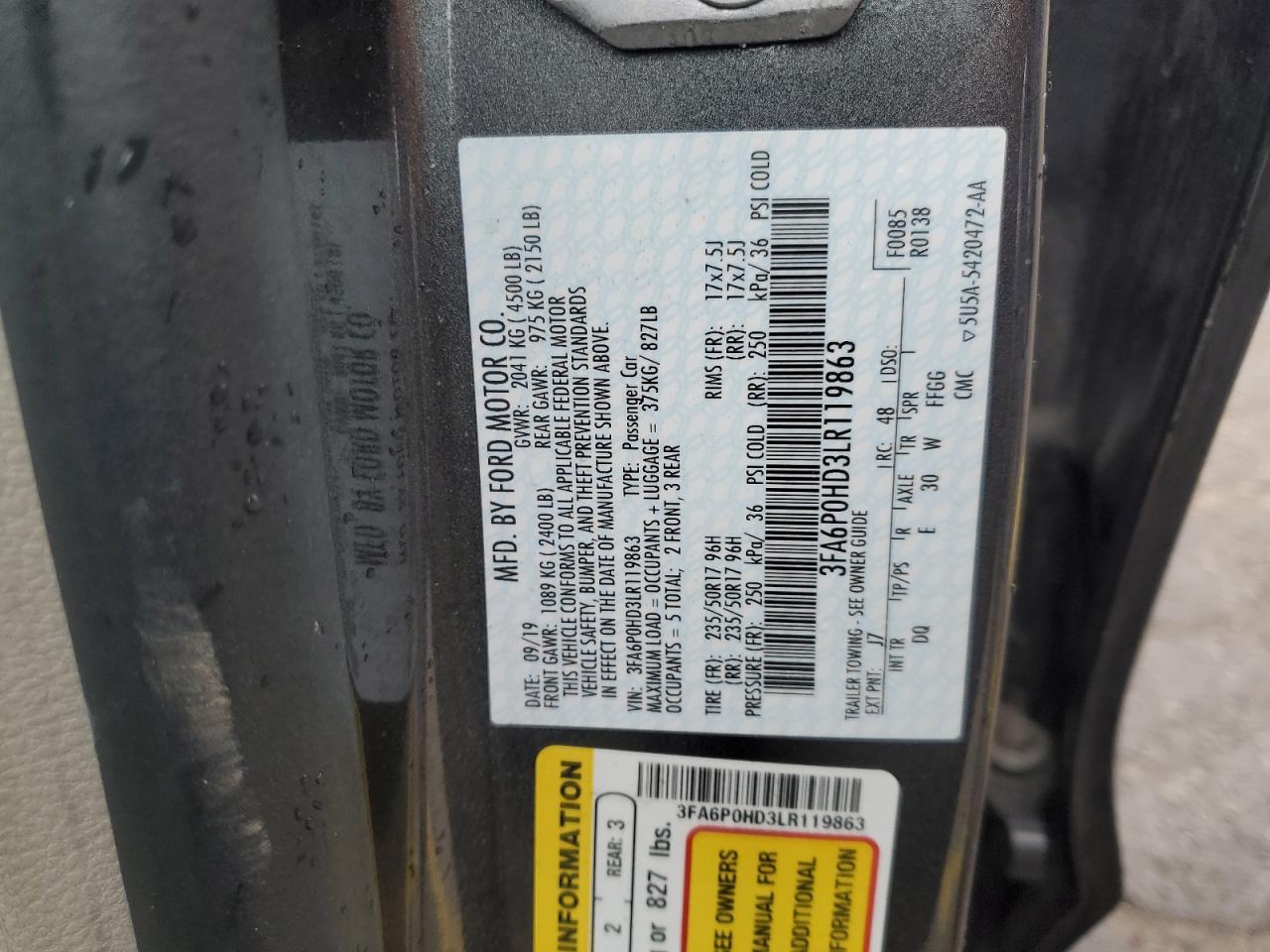 2020 Ford Fusion Se VIN: 3FA6P0HD3LR119863 Lot: 89646715