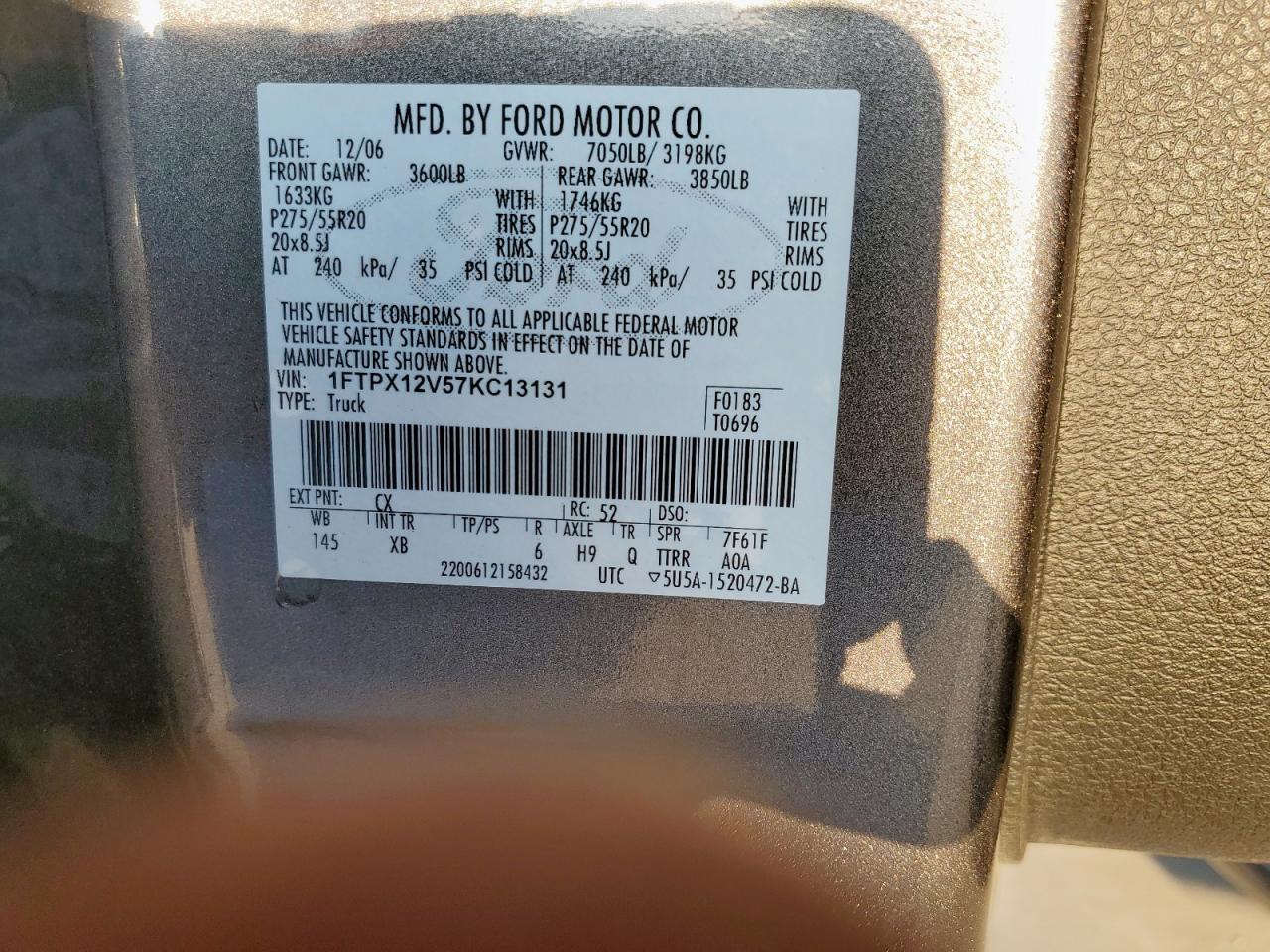 2007 Ford F150 VIN: 1FTPX12V57KC13131 Lot: 85271915