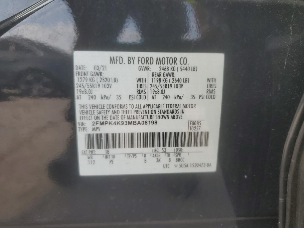 2021 Ford Edge Titanium VIN: 2FMPK4K93MBA08198 Lot: 81912115