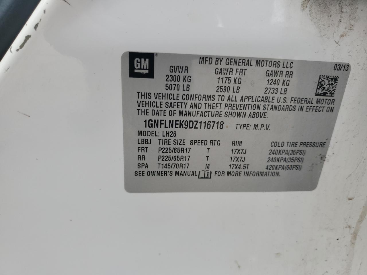 2013 Chevrolet Equinox Lt VIN: 1GNFLNEK9DZ116718 Lot: 86099475