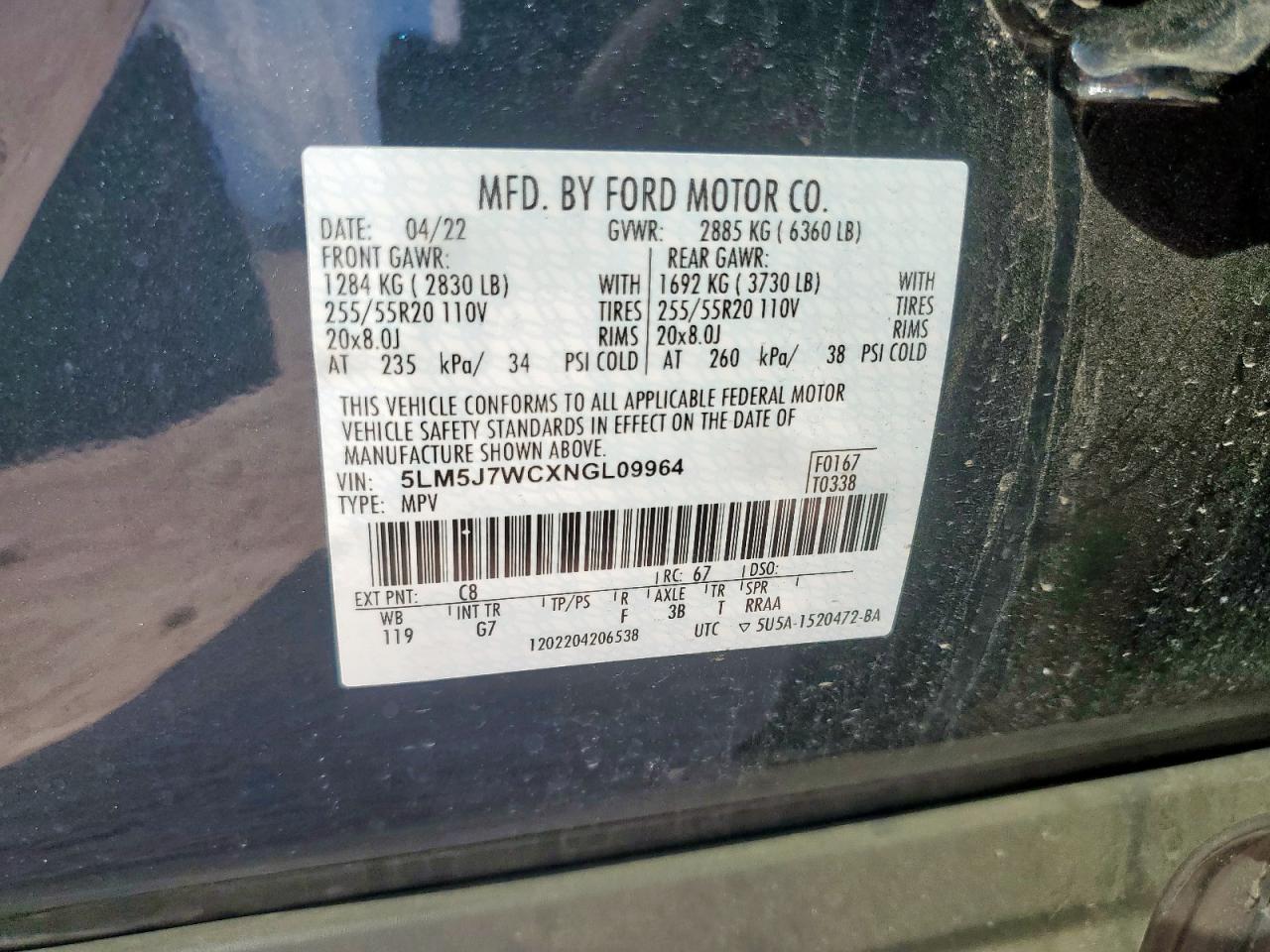 2022 Lincoln Aviator Reserve VIN: 5LM5J7WCXNGL09964 Lot: 85827085