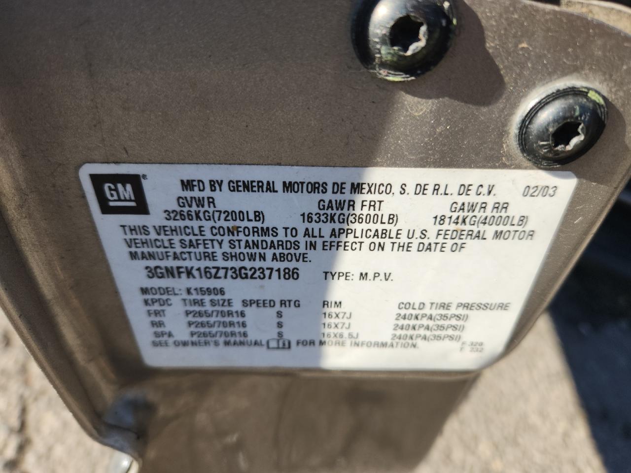 2003 Chevrolet Suburban K1500 VIN: 3GNFK16Z73G237186 Lot: 86322065