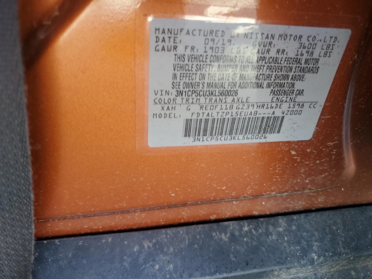 2019 Nissan Kicks S VIN: 3N1CP5CU3KL560026 Lot: 84598545