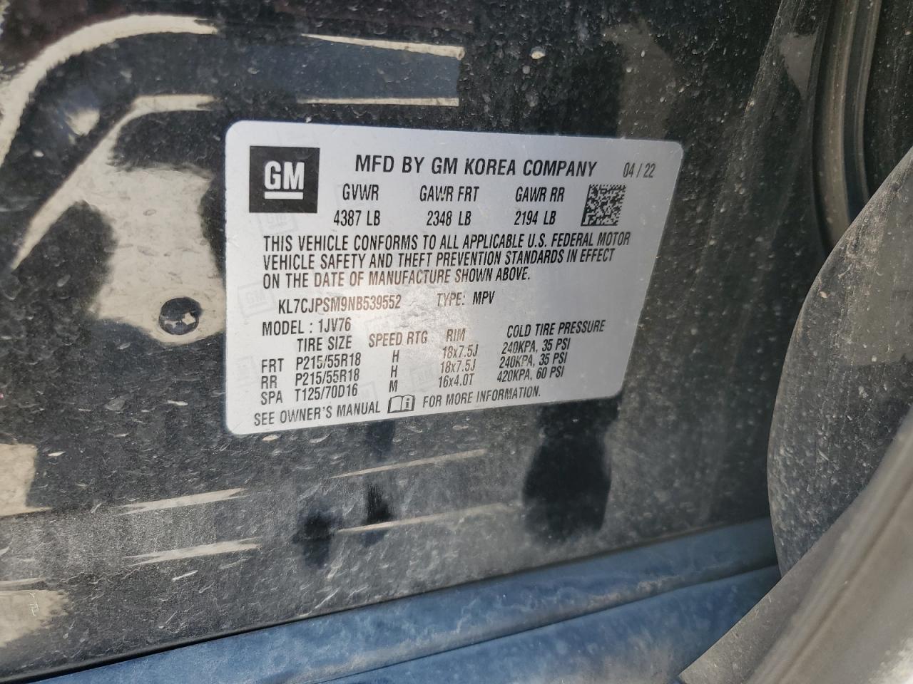 2022 Chevrolet Trax 1Lt VIN: KL7CJPSM9NB539552 Lot: 86899805