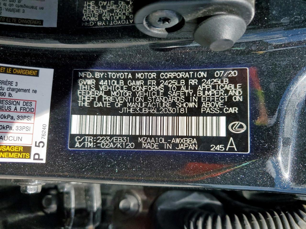 2020 Lexus Ux 200 VIN: JTHE3JBH6L2030181 Lot: 85302005