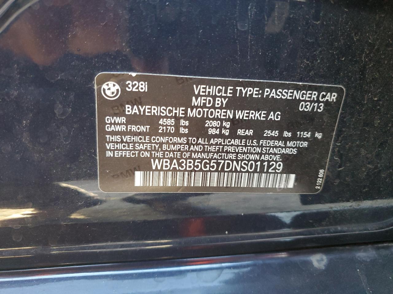 2013 BMW 328 Xi Sulev VIN: WBA3B5G57DNS01129 Lot: 82397015
