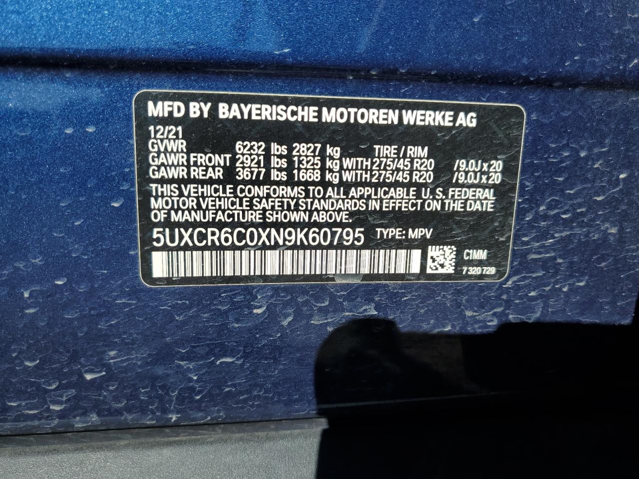 2022 BMW X5 xDrive40I VIN: 5UXCR6C0XN9K60795 Lot: 89917555