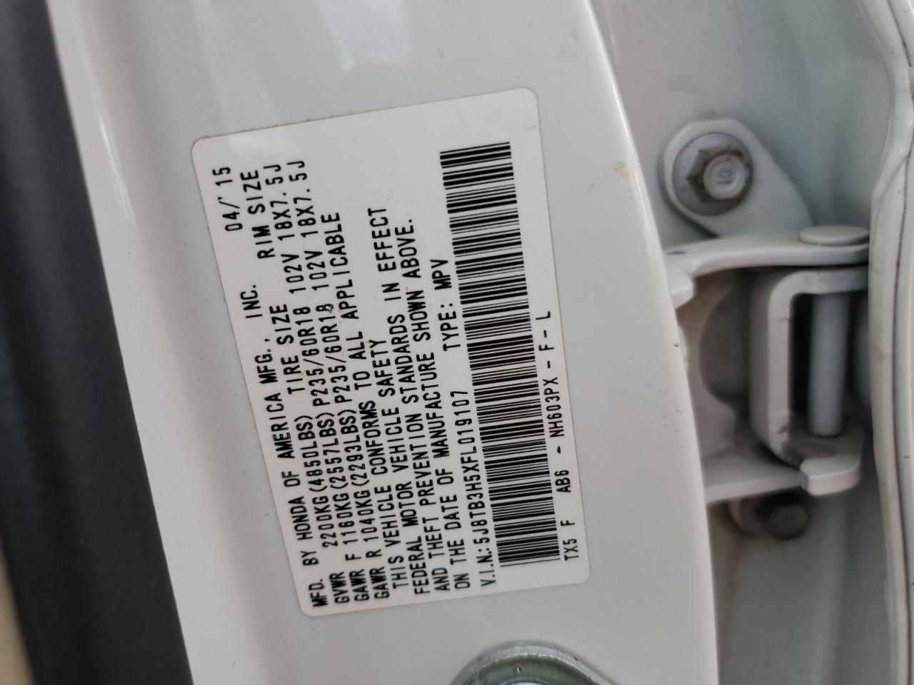 2015 Acura Rdx Technology VIN: 5J8TB3H5XFL019107 Lot: 82279235