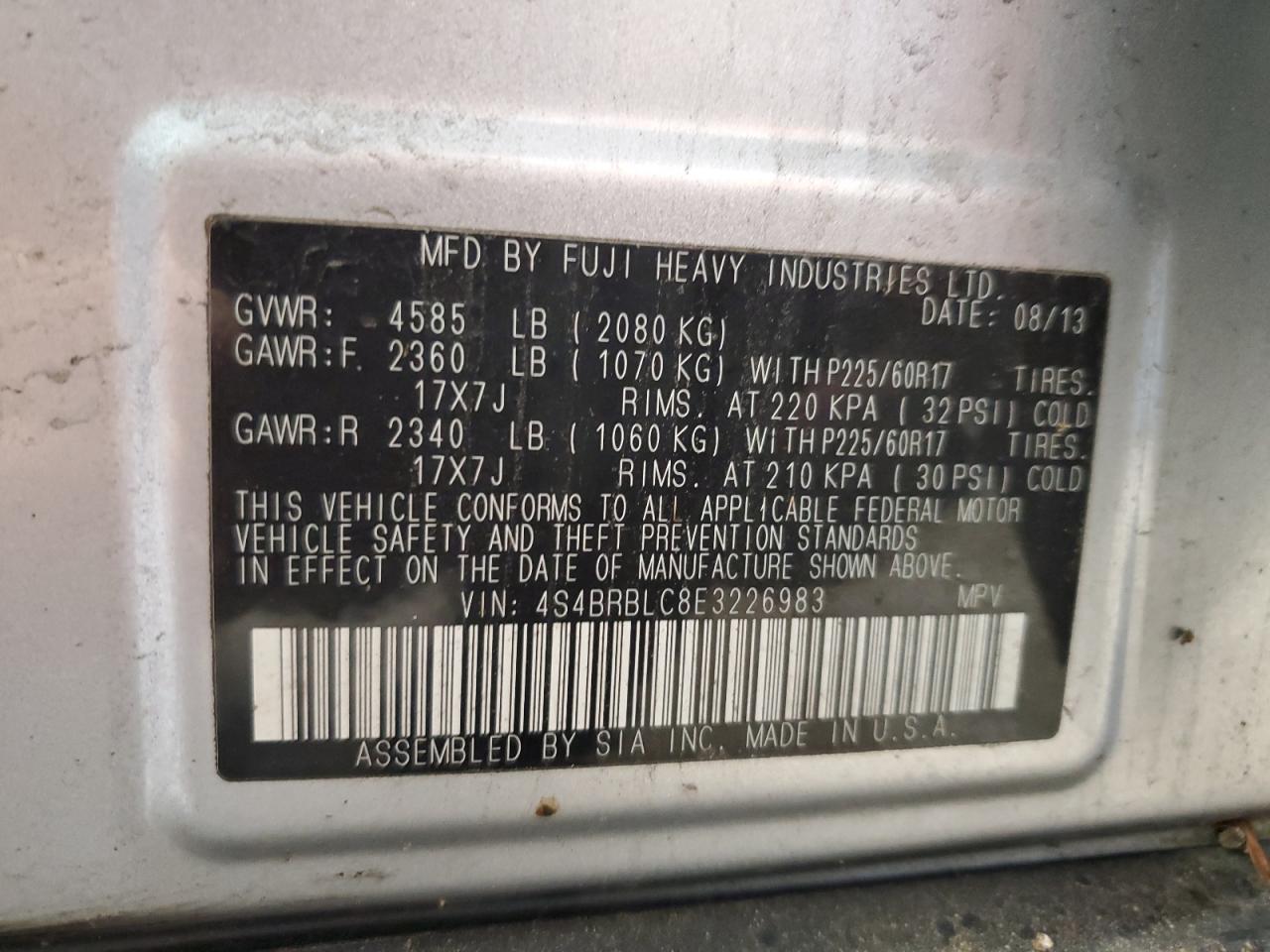 2014 Subaru Outback 2.5I Limited VIN: 4S4BRBLC8E3226983 Lot: 86644355