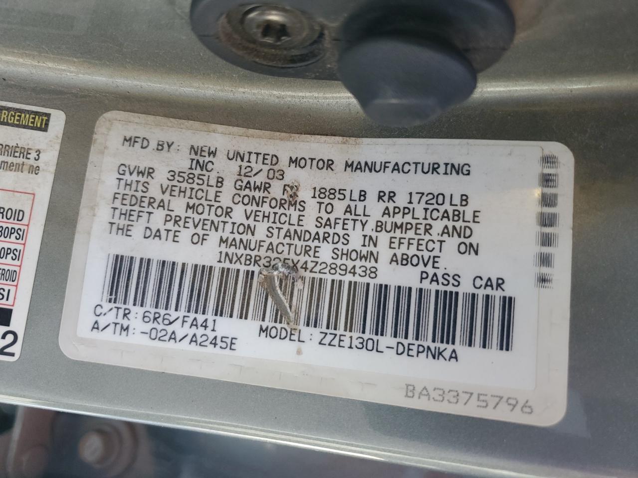 2004 Toyota Corolla Ce VIN: 1NXBR32EX4Z289438 Lot: 82335385