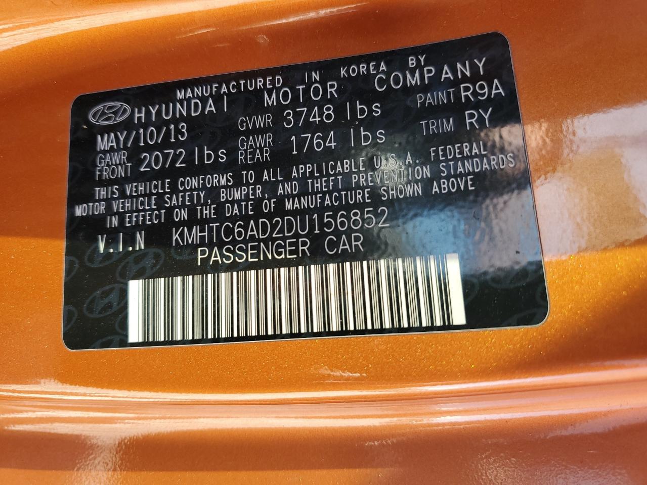 2013 Hyundai Veloster VIN: KMHTC6AD2DU156852 Lot: 82449685