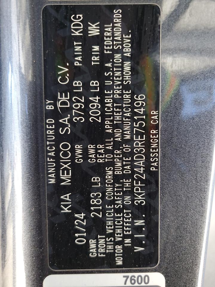 2024 Kia Forte Lx VIN: 3KPF24AD3RE751496 Lot: 90145295