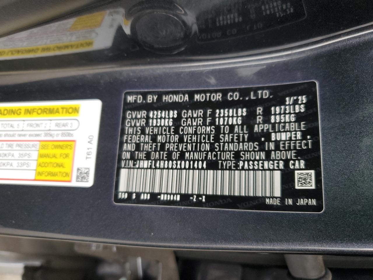 2025 Honda Civic Sport VIN: JHMFL4H80SX001404 Lot: 82181535