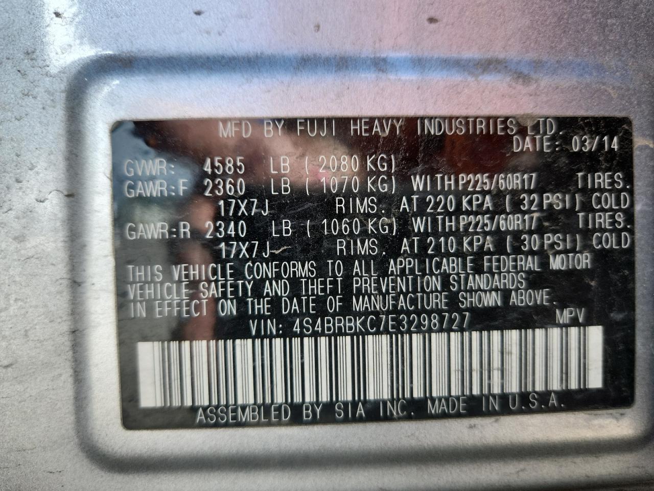 2014 Subaru Outback 2.5I Limited VIN: 4S4BRBKC7E3298727 Lot: 82415415