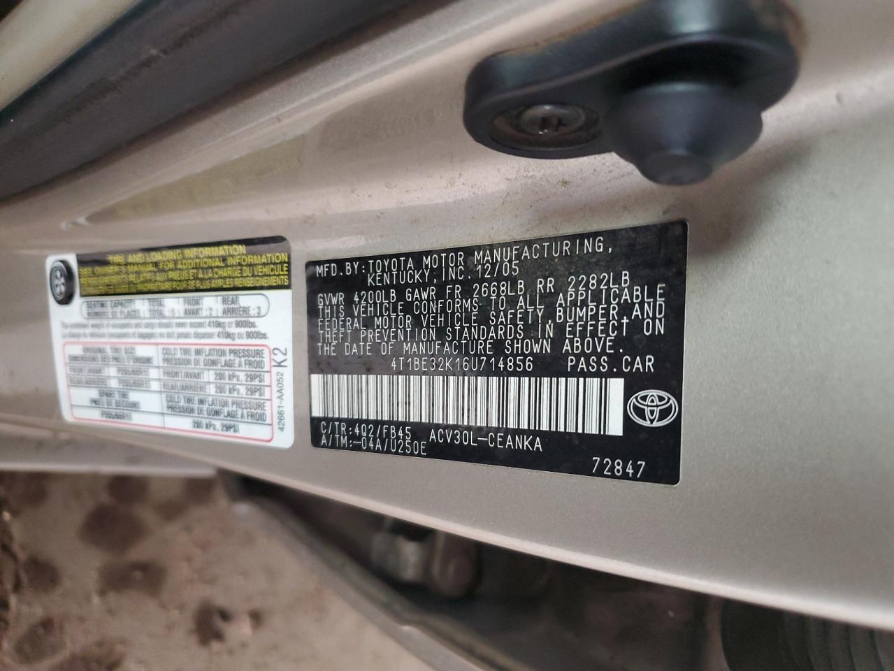 2006 Toyota Camry Le VIN: 4T1BE32K16U714856 Lot: 86668175