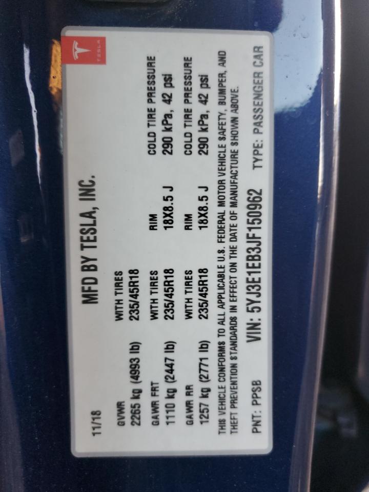 2018 Tesla Model 3 VIN: 5YJ3E1EB3JF150962 Lot: 86615615