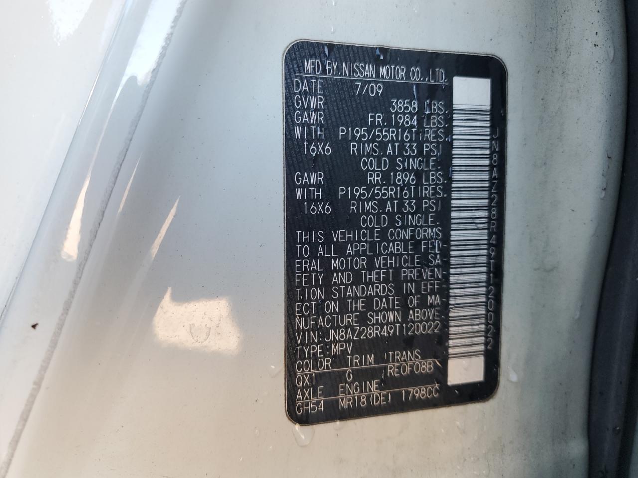 2009 Nissan Cube Base VIN: JN8AZ28R49T120022 Lot: 89713795